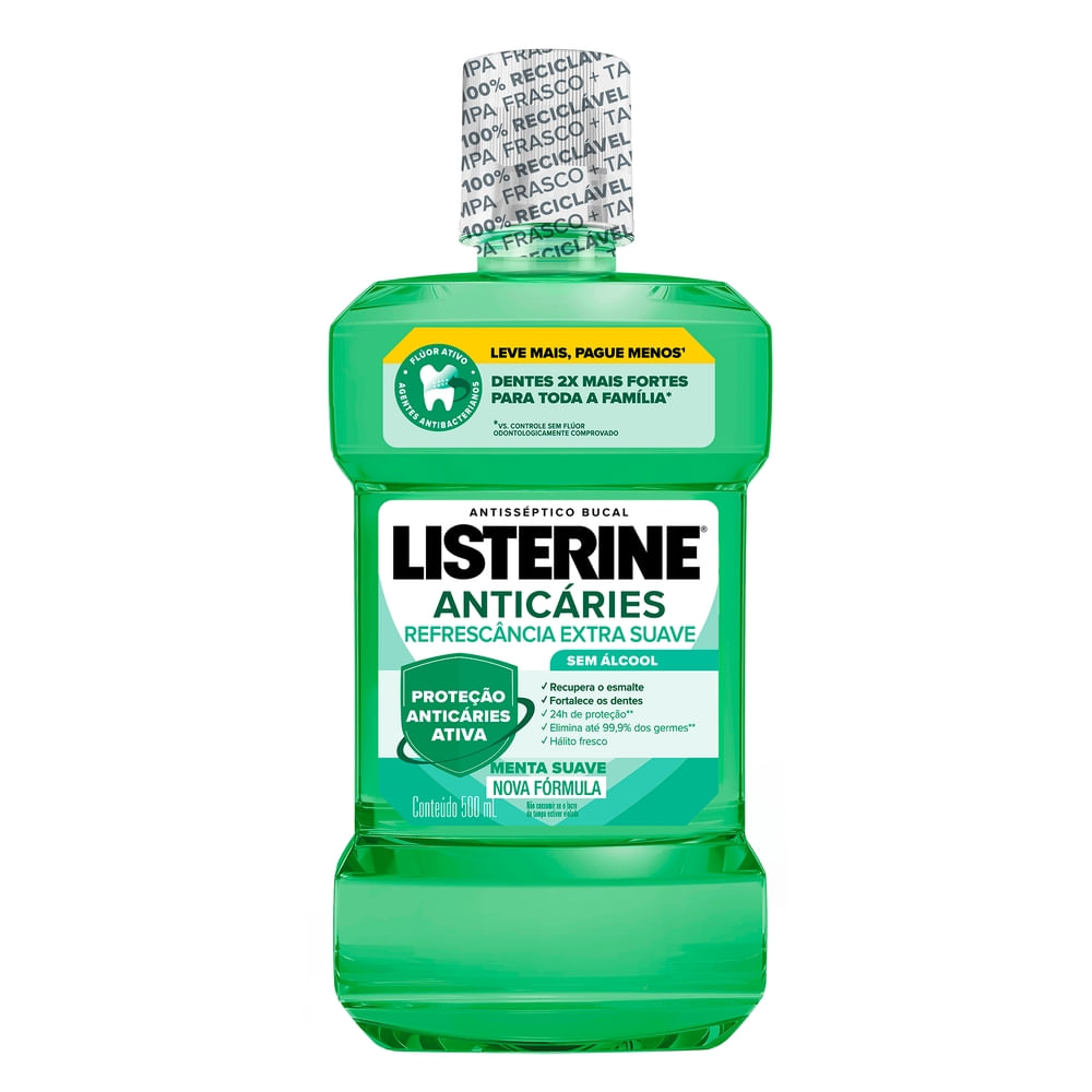 Enxaguante Bucal LISTERINE Anticáries Sem Álcool Menta Suave 500ml Leve Mais Pague Menos