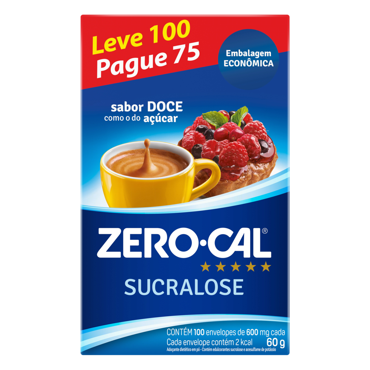 Adoçante em Pó Sucralose Zero Cal Caixa 60g Embalagem Econômica Leve 100 Pague 75 Unidades
