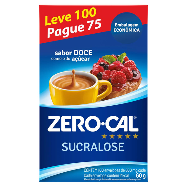 Adoçante em Pó Sucralose Zero Cal Caixa 60g Embalagem Econômica Leve 100 Pague 75 Unidades