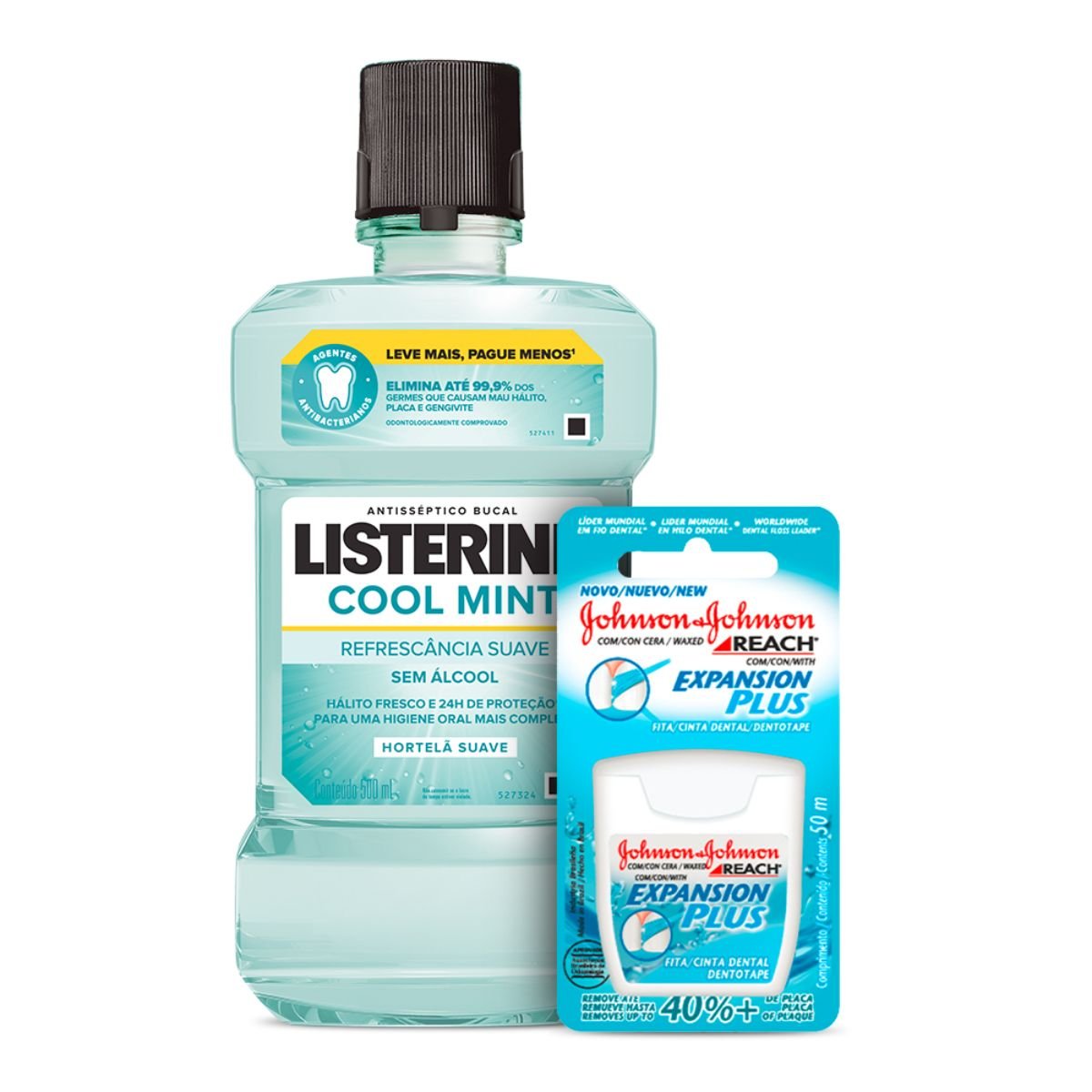 Kit 1 Fio Dental Reach Expansion Plus 50m + 1 Antisséptico Bucal LISTERINE COOL MINT Refrescância Suave Sem Álcool 500ml