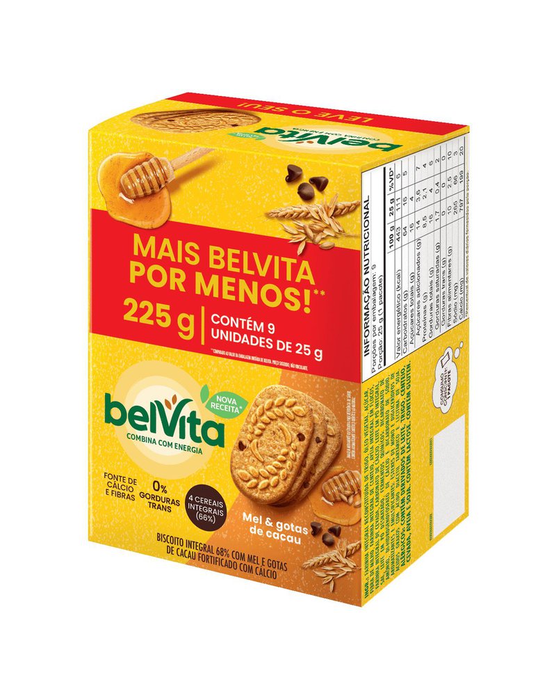 Biscoito BELVITA Mel E Cacau Pack Econômico 225g com 9 Unidades de 25g