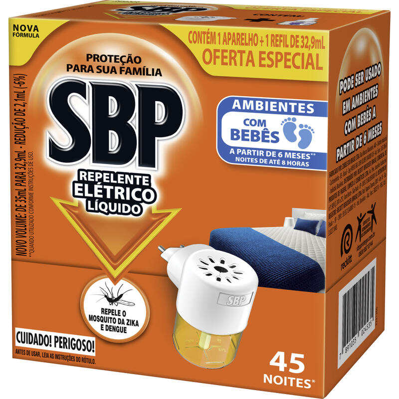 Repelente Elétrico Líquido SBP 45 Noites Novo Aparelho + Refil