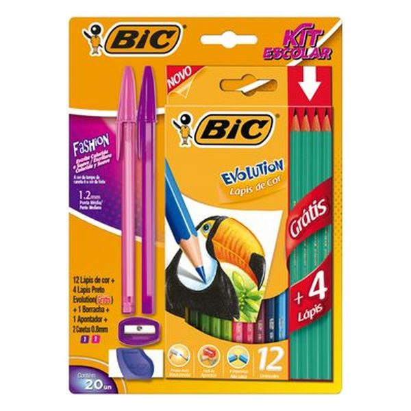 Kit Colorir Bic Fashion - Com 12 Lápis de Cor + Grátis 4 Lápis Pretos Evolution + 1 Borracha + 1 Apontador + 2 Canetas 0,8mm - Ref. 970937