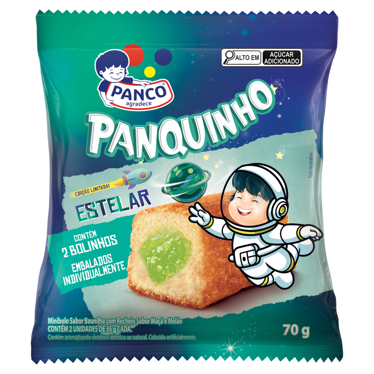 Minibolo Baunilha Recheio Maçã e Melão Estelar Panco Panquinho Pacote 70g 2 Unidades