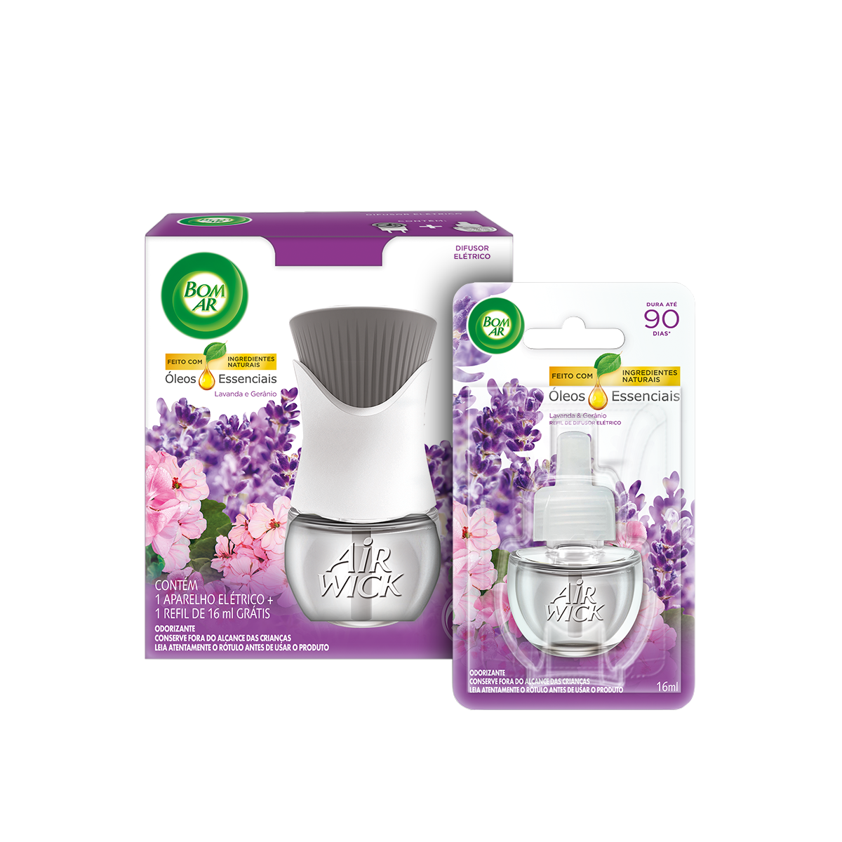 Kit Difusor Elétrico Bom Ar Lavanda e Gerânio Aparelho com Refil 16ml + 2 Difusor Elétrico Bom Ar Lavanda e Gerânio Refil 16ml