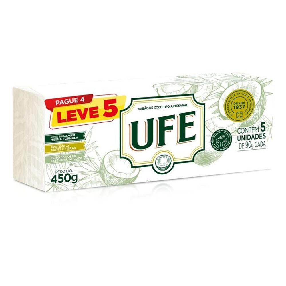 Sabão em Barra UFE de Coco com 5 Unidades 450g Leve 5 e Pague 4