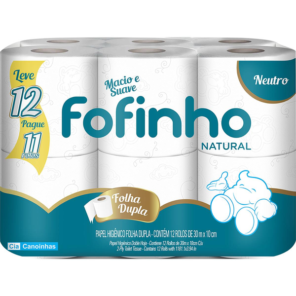 Papel Higiênico Fofinho Natural 30m - Folha Dupla - Neutro - Leve 12, Pague 11 Rolos