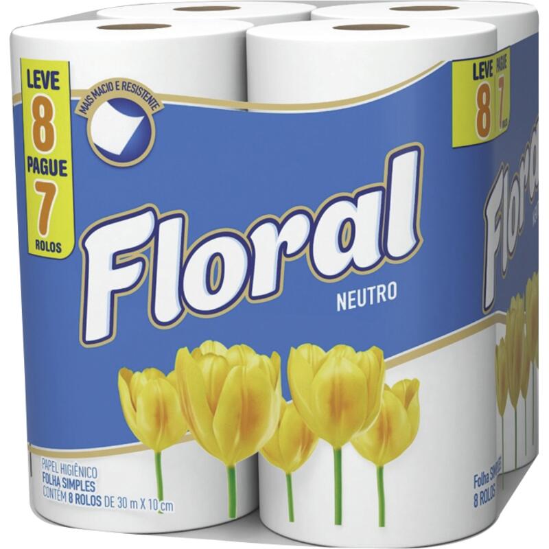 Papel Higiênico Floral Folha Simples - 30m 8 rolos
