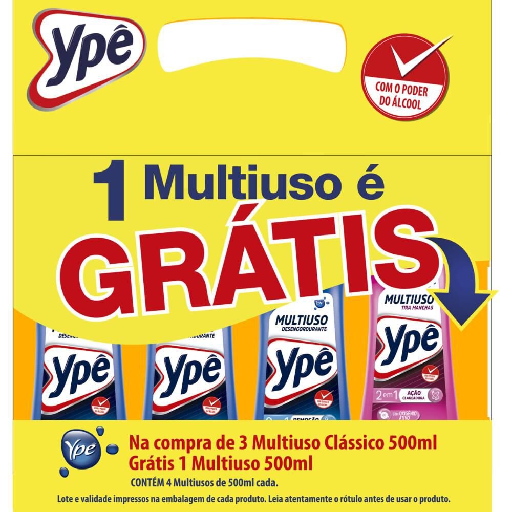 Limpador Multiuso YPÊ 3 Desengordurantes 500ml cada + Grátis Tira Manchas 500ml