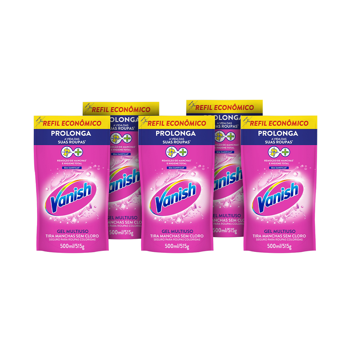 Kit com 5 Tira Manchas em Gel Vanish Multiuso 500ml Refil Econômico para roupas coloridas