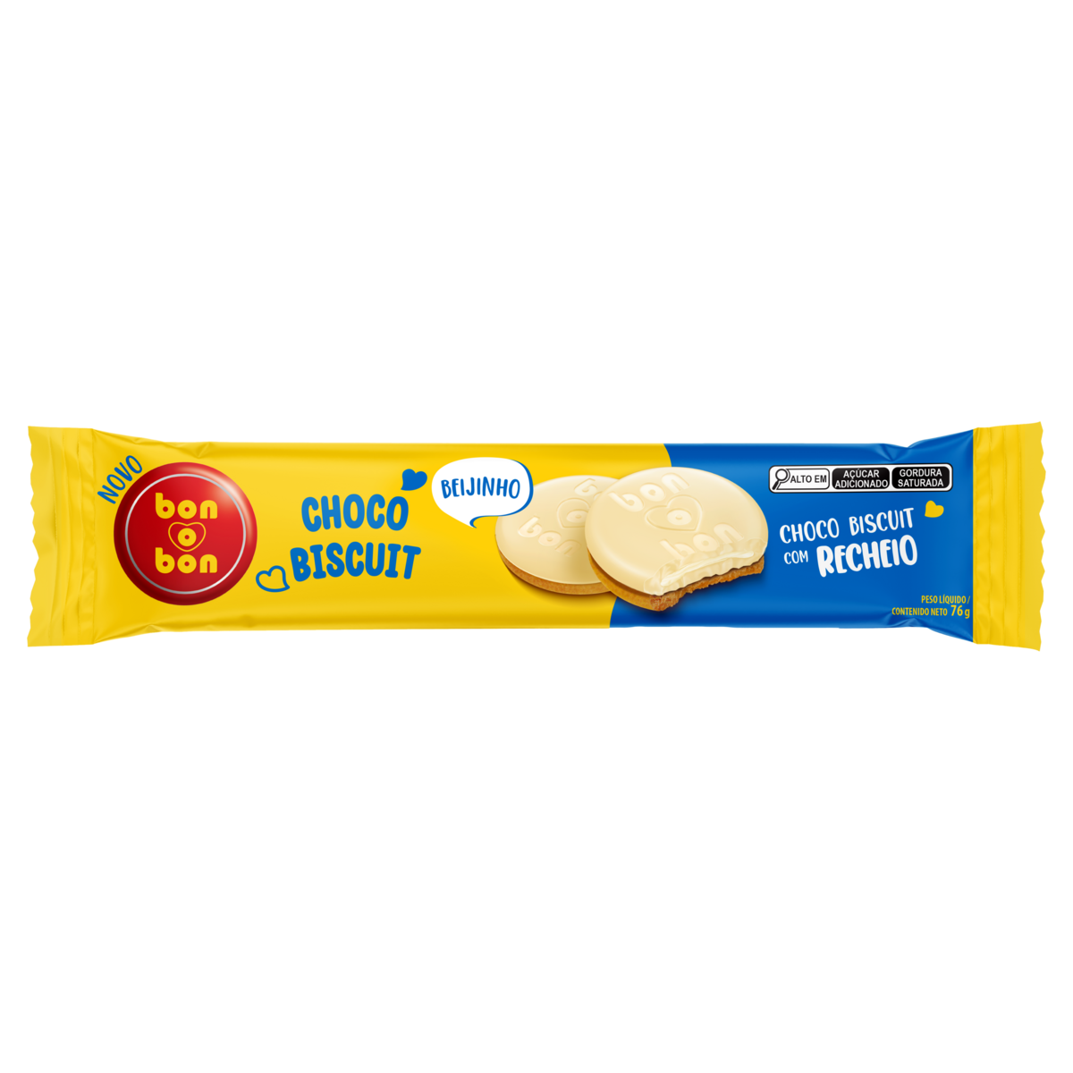 Biscoito Beijinho Recheio Coco Cobertura Chocolate Branco Bon o Bon Choco Biscuit Pacote 76g