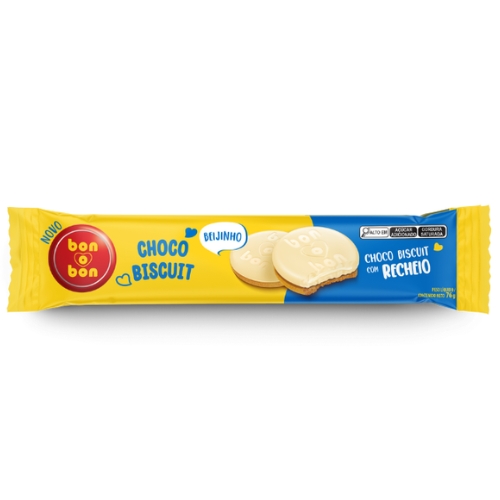 Biscoito Beijinho Recheio Coco Cobertura Chocolate Branco Bon o Bon Choco Biscuit Pacote 76g