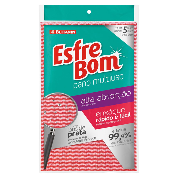 Pano Esfrebom Bettanin Alta Absorção - Multiuso - Rosa - Com 5 Panos