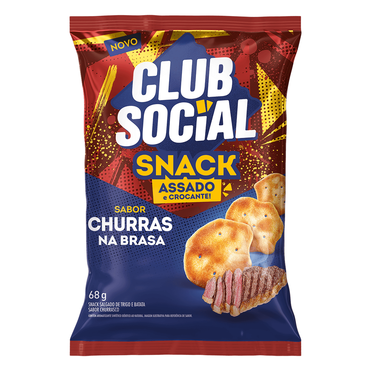 Snack de Trigo e Batata Assado Crocante Churras na Brasa Club Social Pacote 68g