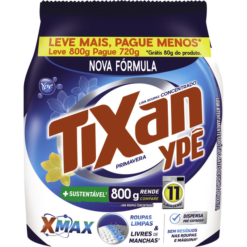 Lava-Roupas Pó Concentrado Primavera Tixan Ypê Pacote Leve 800g Pague 720g