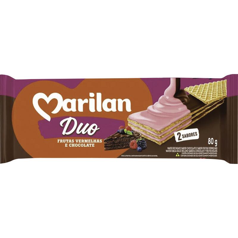 Biscoito Wafer Duo Marilan Chocolate e frutas verm 80g