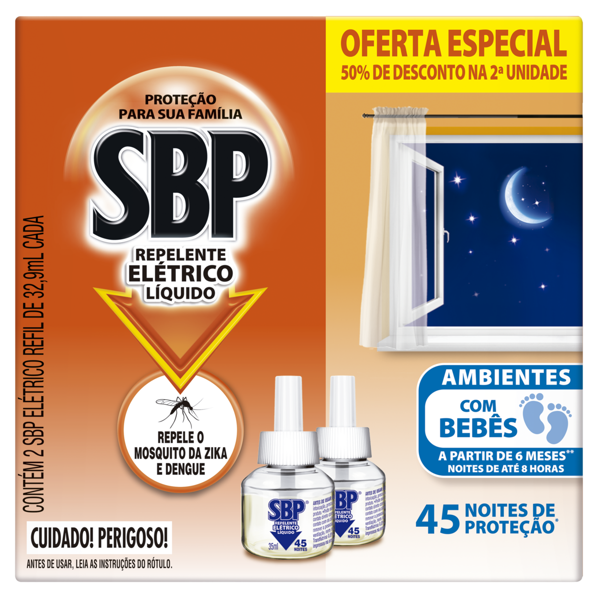 Repelente Elétrico Líquido SBP 45 Noites 50% grátis 2ª Unidade 35ml