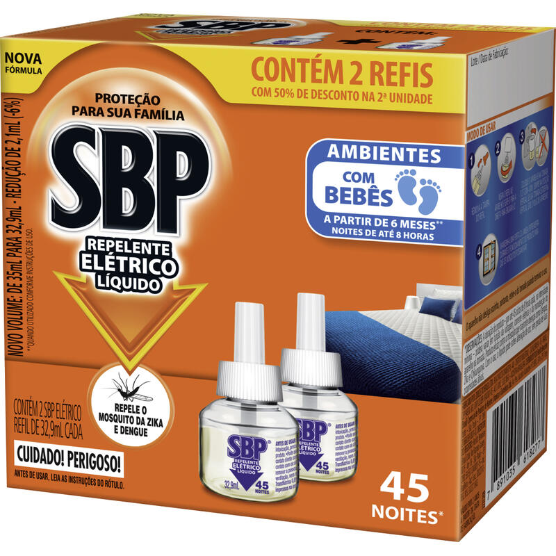 Repelente Elétrico Líquido SBP 45 Noites 50% grátis 2ª Unidade 35ml