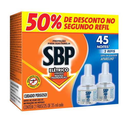 Repelente Elétrico Líquido SBP 45 Noites 50% grátis 2ª Unidade 35ml