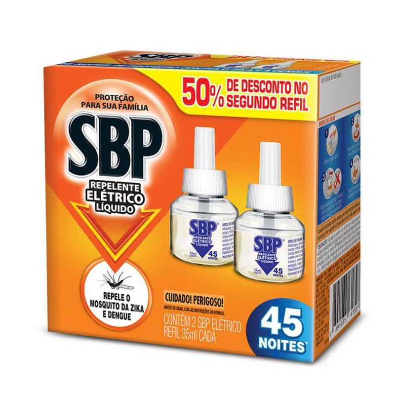 Repelente Elétrico Líquido SBP 45 Noites 50% grátis 2ª Unidade 35ml