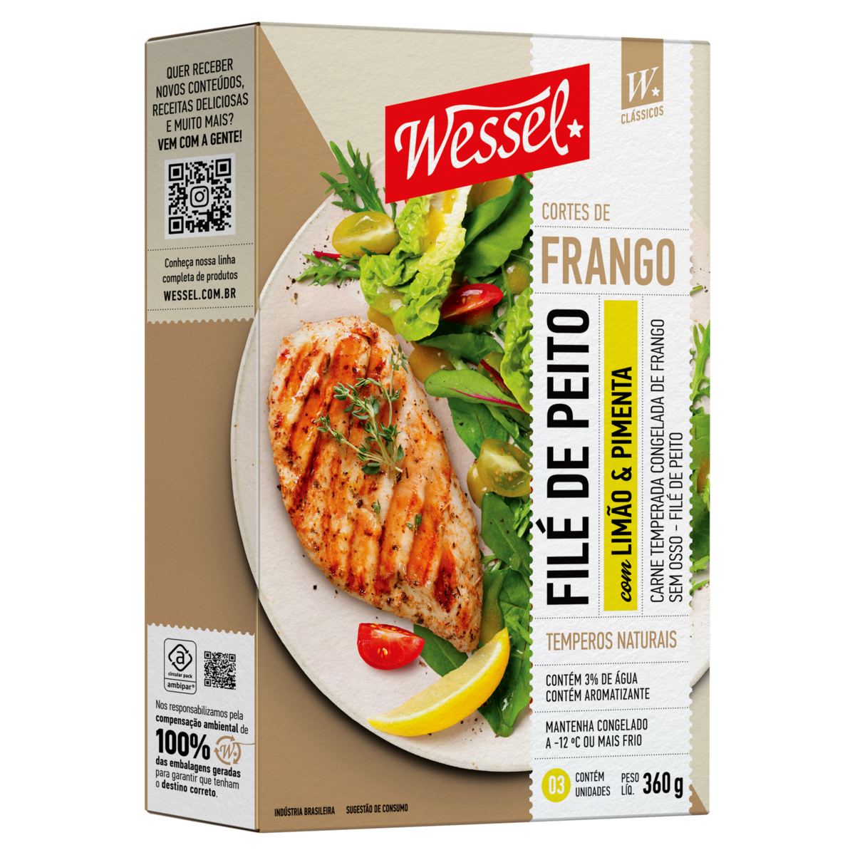 Filé de Peito de Frango Congelado Temperado Limão e Pimenta sem Osso Wessel 360g 3 Unidades