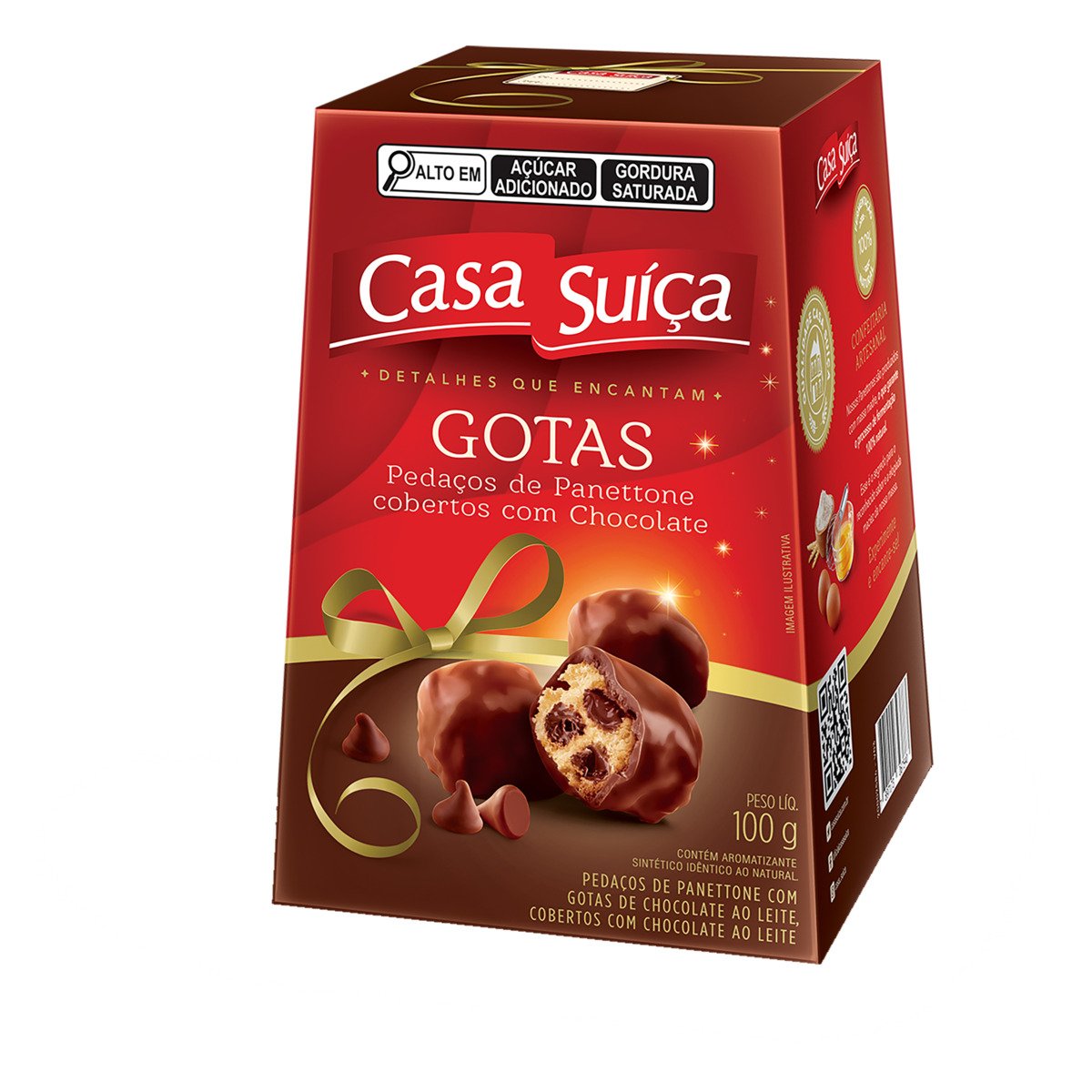 Pedaços de Panettone com Gotas de Chocolate ao Leite Cobertura Chocolate ao Leite Casa Suíça Caixa 100g