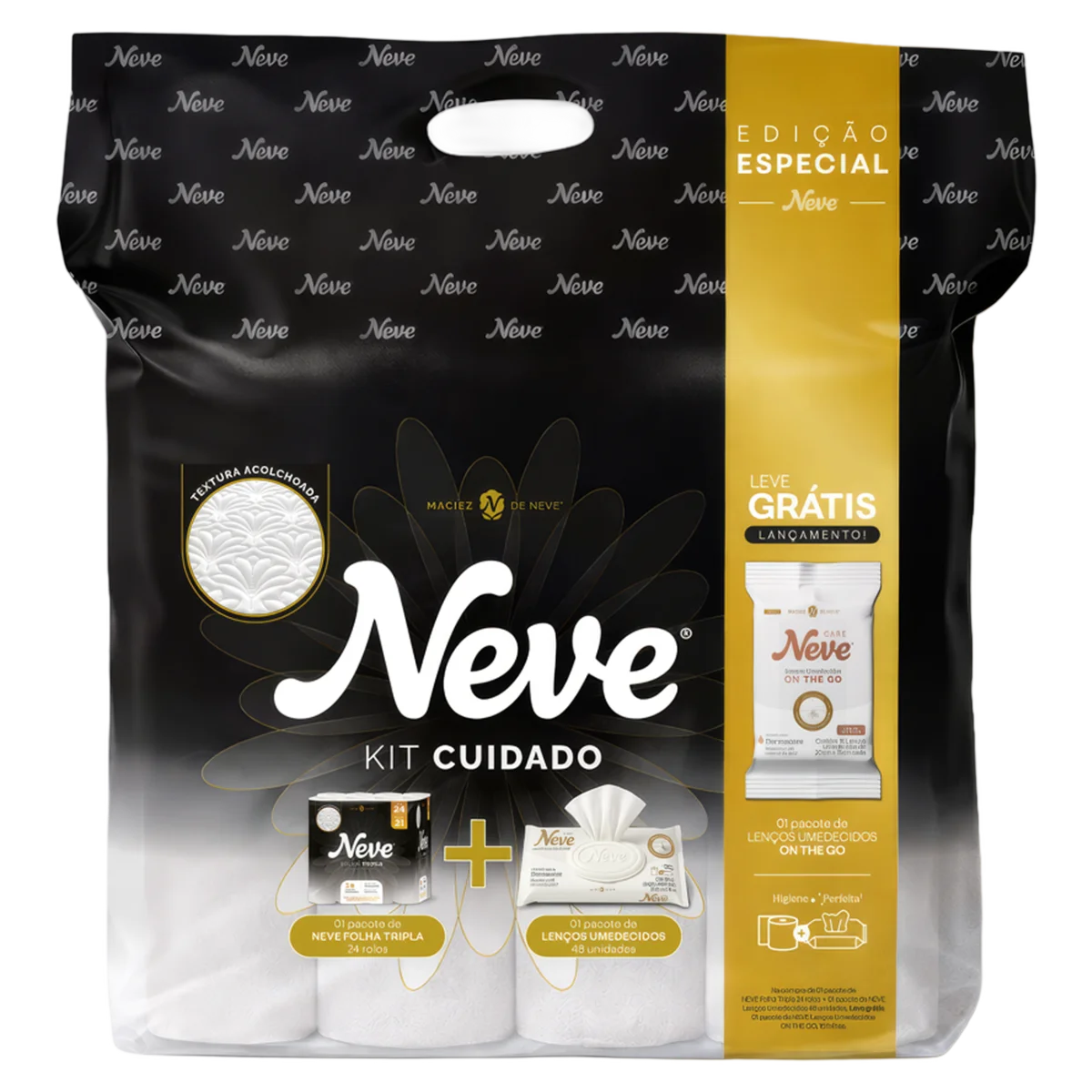 Kit 24 Papéis Higiênicos Folha Tripla Neutro 20m + 1 Lenço Umedecido Care 48 Folhas Neve Grátis 1 Pacote de Lenços Umedecidos On the Go