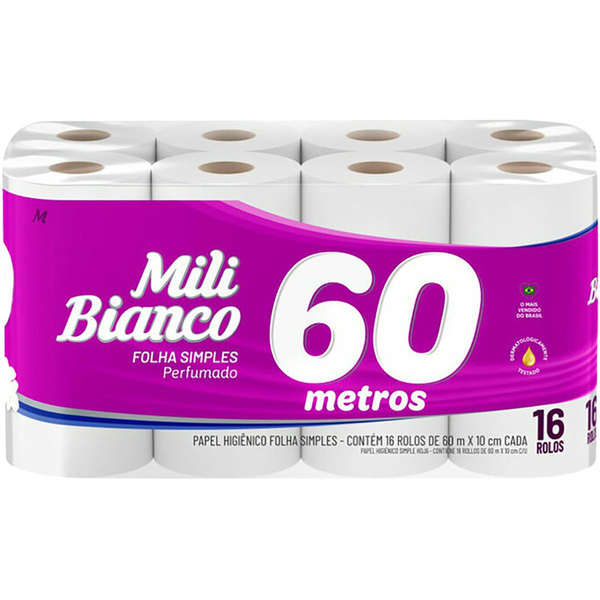 Papel Higiênico Mili Bianco 60m - Folha Simples - Perfumado - Leve 16, Pague 15 Rolos
