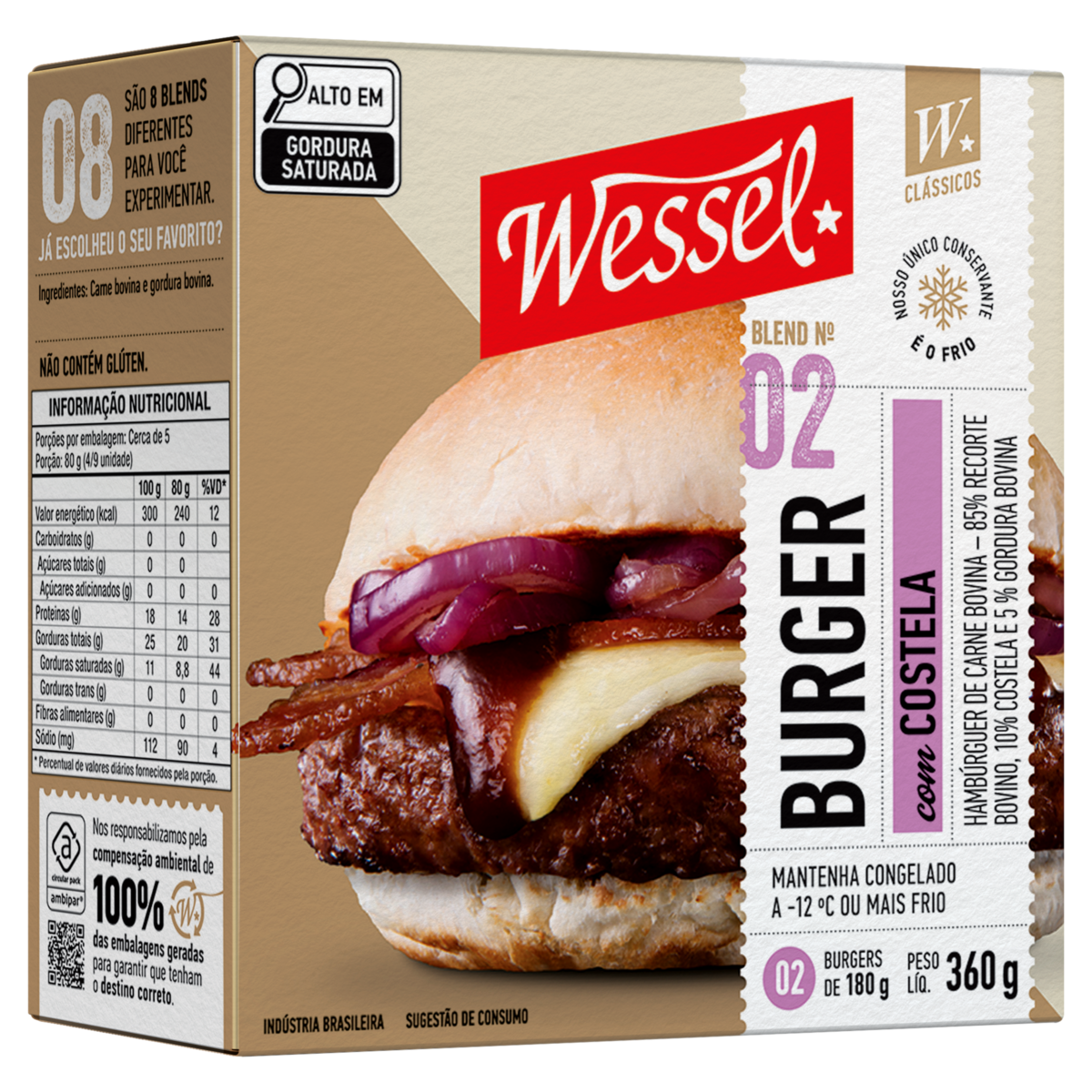 Hambúrguer de Carne Bovina Costela Wessel Caixa 360g 2 Unidades
