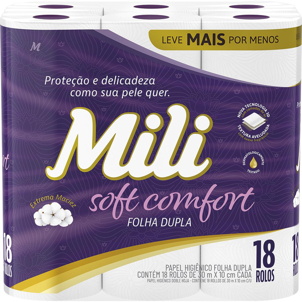 Papel Higiênico Mili Soft Comfort 30m - Folha Dupla - Com 18 Rolos