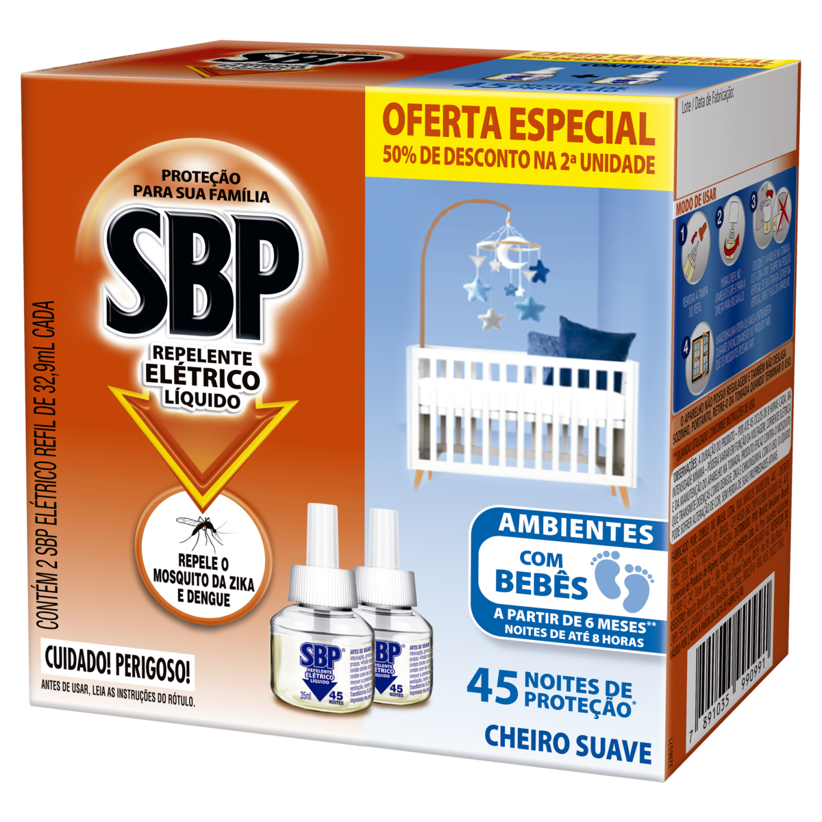 Repelente Elétrico Líquido SBP 45 Noites Cheiro Suave com 2 unidades de 32.9ml