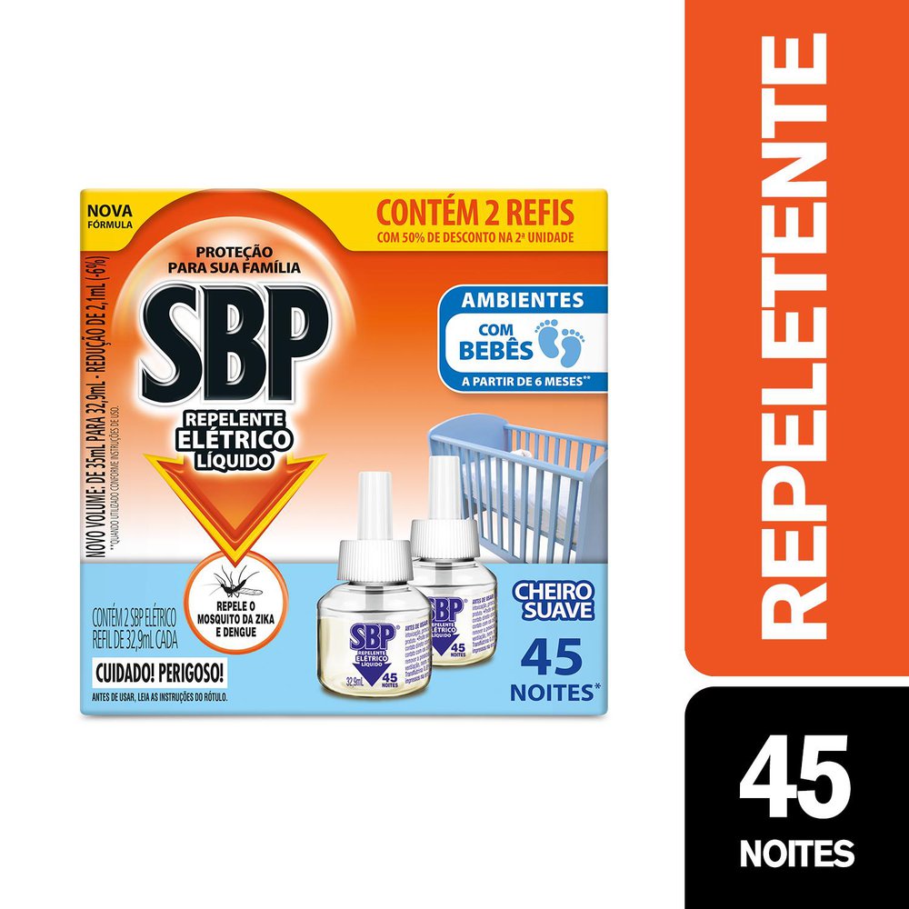 Repelente Elétrico Líquido SBP 45 Noites Cheiro Suave com 2 unidades de 32.9ml