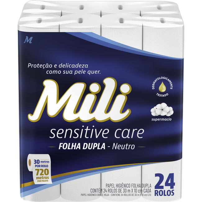 Papel Higiênico Mili 30m - Folha Dupla - Neutro - Leve 24, Pague 22 Rolos