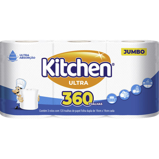 Toalha de Papel KITCHEN Jumbo com 3 Unidades 360 Toalhas