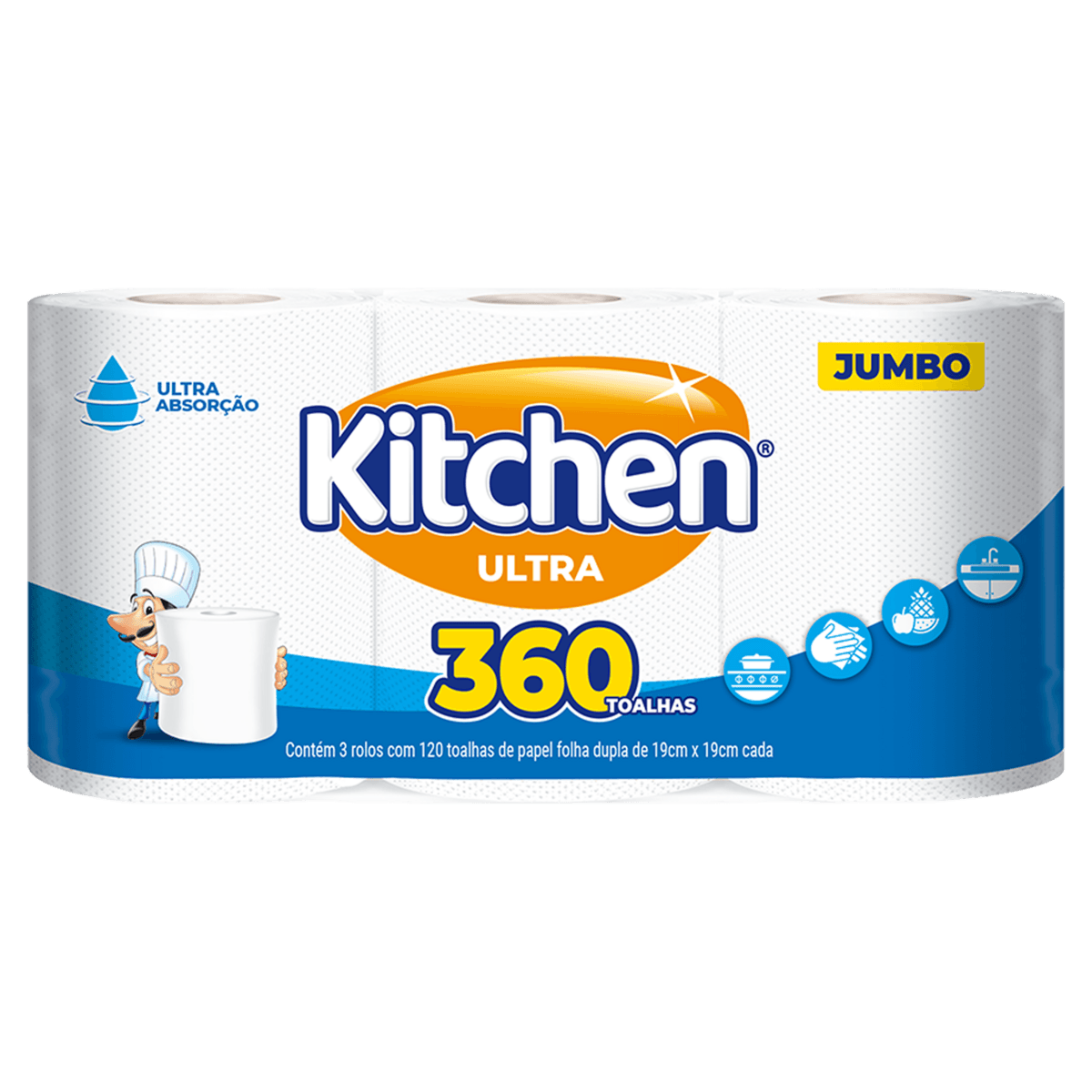Toalha de Papel KITCHEN Jumbo com 3 Unidades 360 Toalhas