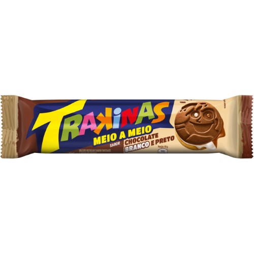 Biscoito Recheado Trakinas Meio a Meio chocolate ao leite e branco de 126g