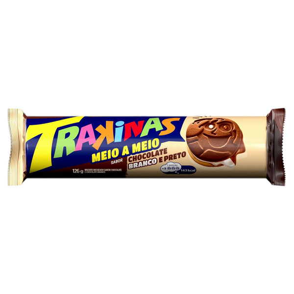 Biscoito Recheado Trakinas Meio a Meio chocolate ao leite e branco de 126g