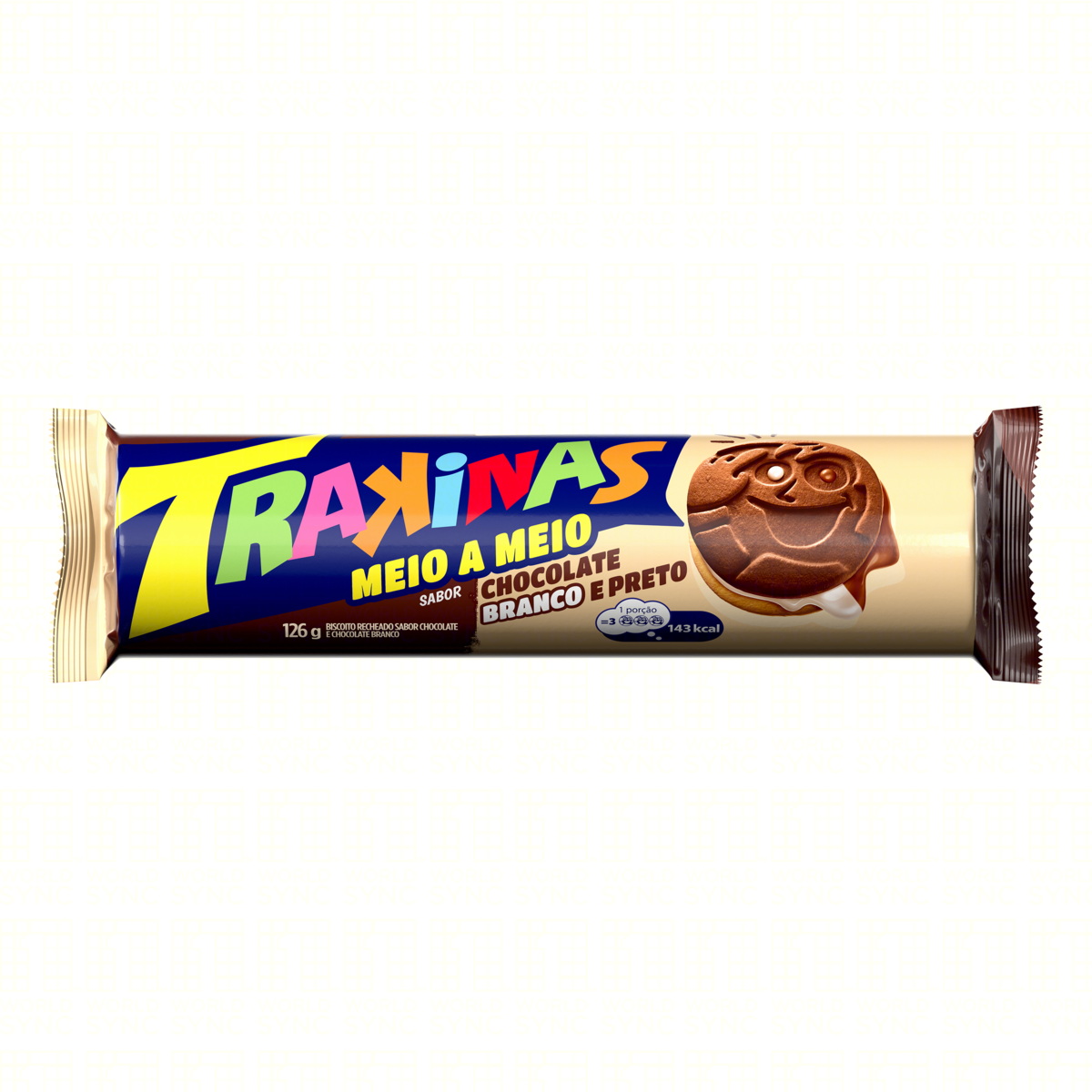 Biscoito Recheado Trakinas Meio a Meio chocolate ao leite e branco de 126g
