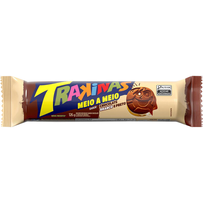 Biscoito Recheado Trakinas Meio a Meio chocolate ao leite e branco de 126g