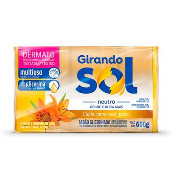 Sabão Barra Glicerinado Multiuso Neutro Girando Sol Pacote 3 Unidades 600G