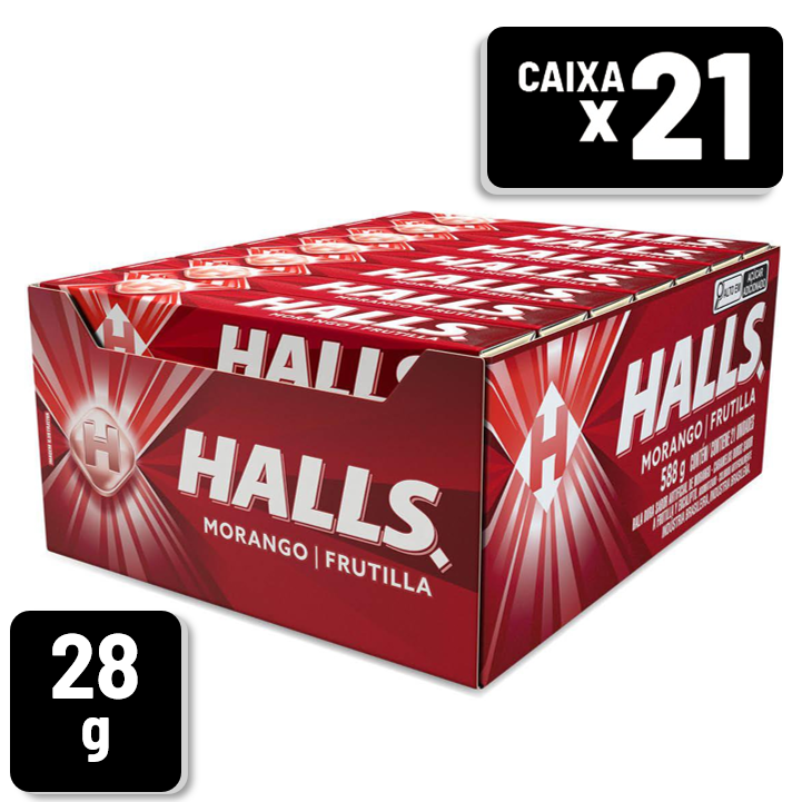 Bala Halls Morango Envelope 28g Caixa c/ 21 un