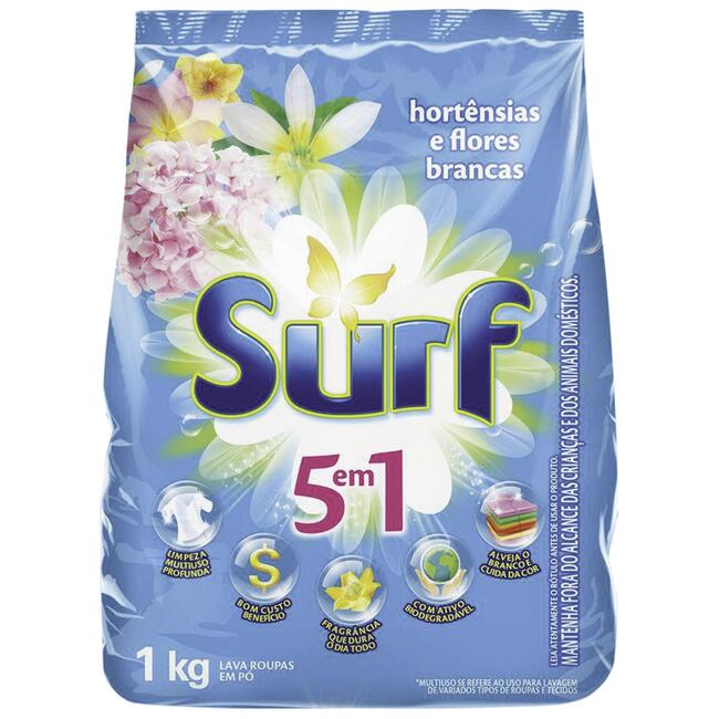 Lava Roupas em Pó Surf Hortênsias e flores brancas 1kg