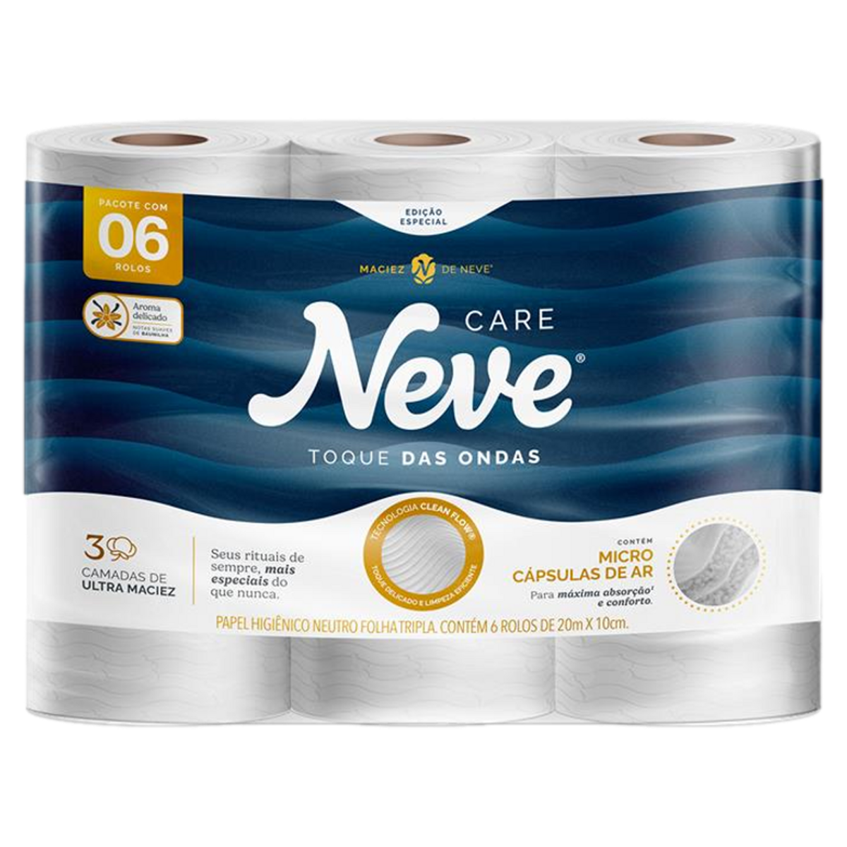 Papel Higiênico Folha Tripla com Perfume Neve Care Toque das Ondas 20m Pacote 6 Unidades