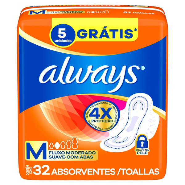 Absorvente com Abas Suave Always M Pacote 32 Unidades Grátis 4 Absorventes