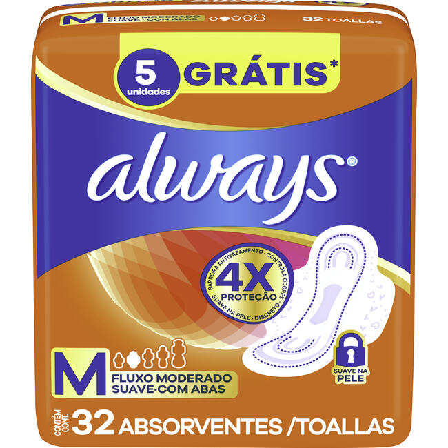 Absorvente com Abas Suave Always M Pacote 32 Unidades Grátis 4 Absorventes