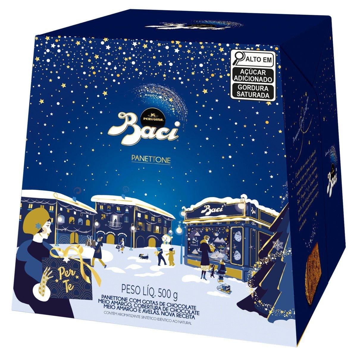 Panettone com Gotas de Chocolate Meio Amargo Cobertura Chocolate Meio Amargo e Avelãs Perugina Baci Caixa 500g