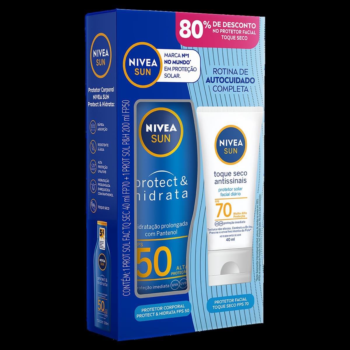 Kit Protetor Solar Facial Toque Seco Antissinais FPS 70 40ml + Protetor Solar FPS 50 Protect e Hidrata 200ml Nivea Sun Grátis 80% de Desconto no Protetor Facial Toque Seco