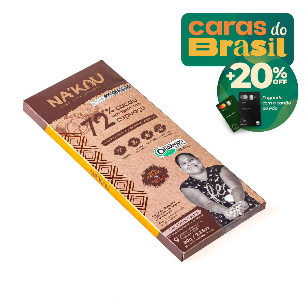 Chocolate 72% Cacau com Cupuaçu NaKau Caixa 80g 2 Unidades