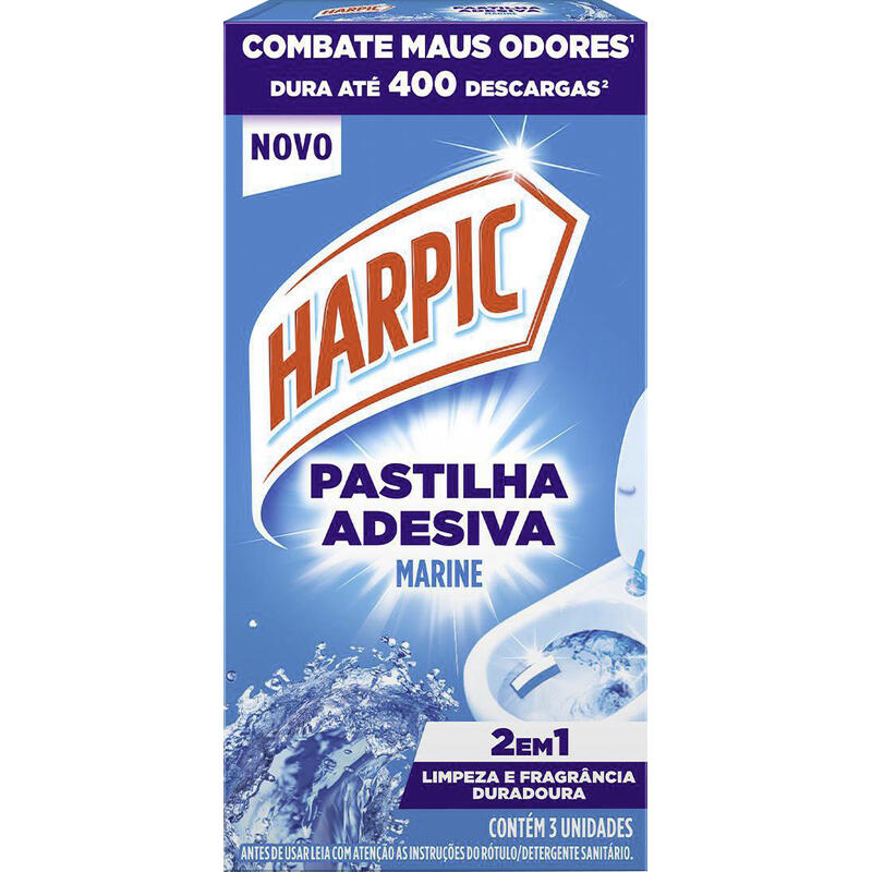 Harpic Pastilha Adesiva 2 em 1 Limpeza e Fragrância Duradoura Marine 3 un