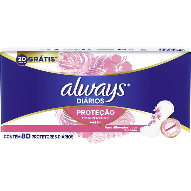 Protetor Diário sem Abas com Perfume Always Pacote 80 Unidades Grátis 20 Unidades